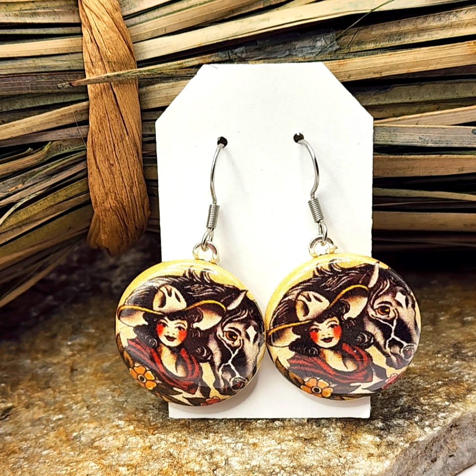 Cowgirl Horse Earrings American Traditional Americana Western Dangle Drop Light 15$